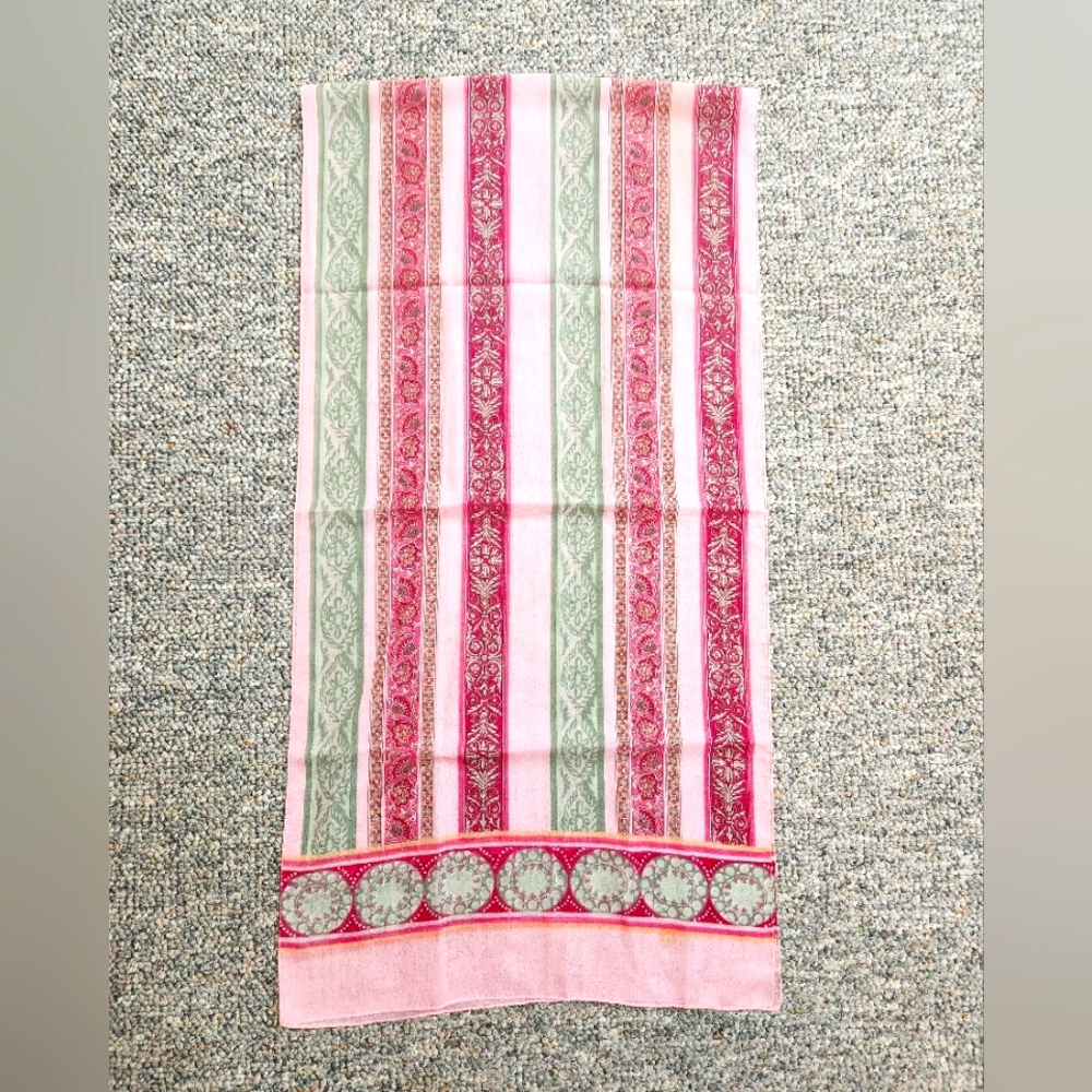 Bloomingdale's Pink and Green Stripe Patterned Silk Oblong Scarf